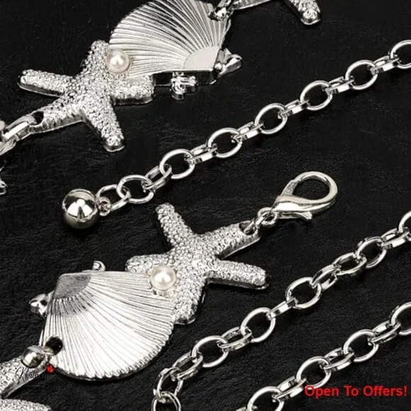 Adjustable Chain Belt with Shell Starfish and Synthetic Pearls, 47 Inch - Picture 3 of 7